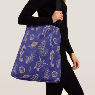 Bolsa Ajustável Azul Náutico & Ouro Luxo Vida Marinha Costeira 