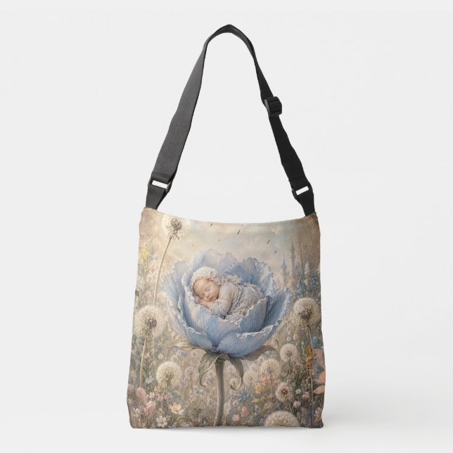 Bolsa Ajustável Bebê dormindo em flor azul  (Frente)
