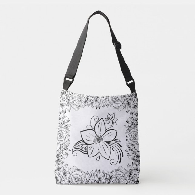 Bolsa Ajustável Beleza Monocromática Floral Preto e Branco (Frente)