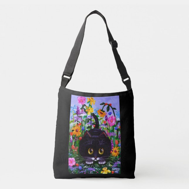 Bolsa Ajustável Black White Cat and Flowers Summer (Frente)