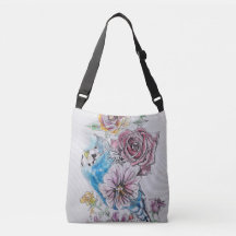 Blue Budgie Birds & Rosa Watercolor Crossbody