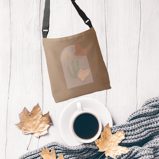 Bolsa Ajustável Boho Forma Abstrato Beige Terracotta Sun Cactus (Boho Abstract Shapes Brown Tan Green Peach Cactus Cross body hand bag.)