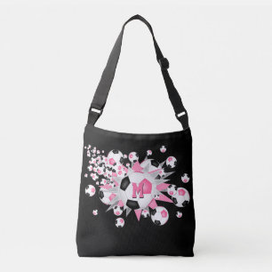 Bolsa Ajustável Bolas de futebol pretas cor-de-rosa monogramadas c