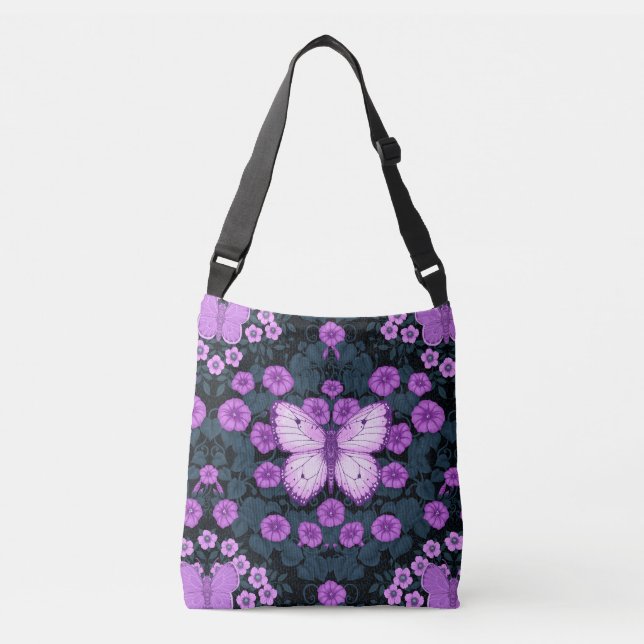 Bolsa Ajustável Borboletas e simetria das flores, violeta e azul (Frente)