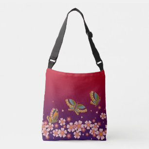 Bolsa Ajustável Borboletas Japonesas Em Sakura Brilha Vermelho