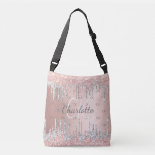 Bolsa Ajustável Brilho dourado-rosa goteja monograma prateado eleg