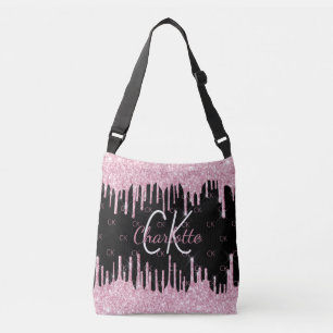 Bolsa Ajustável Brilho preto rosa goteja monograma elegante