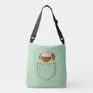 Bolsa Ajustável Cachorrinho Pug Fofo em Bolso Verde Falso