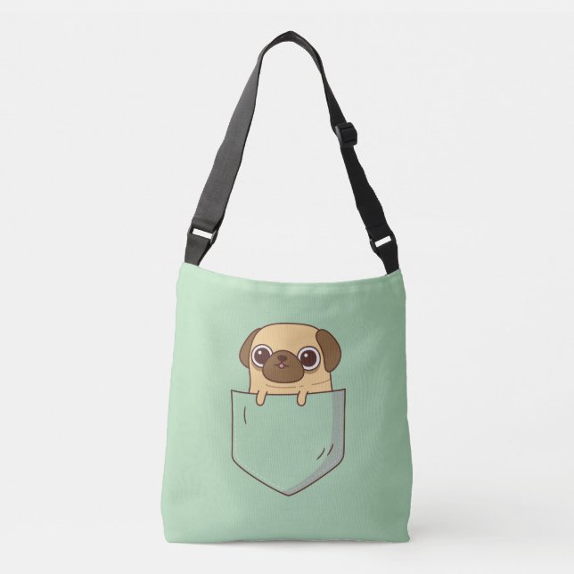 Bolsa Ajustável Cachorrinho Pug Fofo em Bolso Verde Falso (Frente)