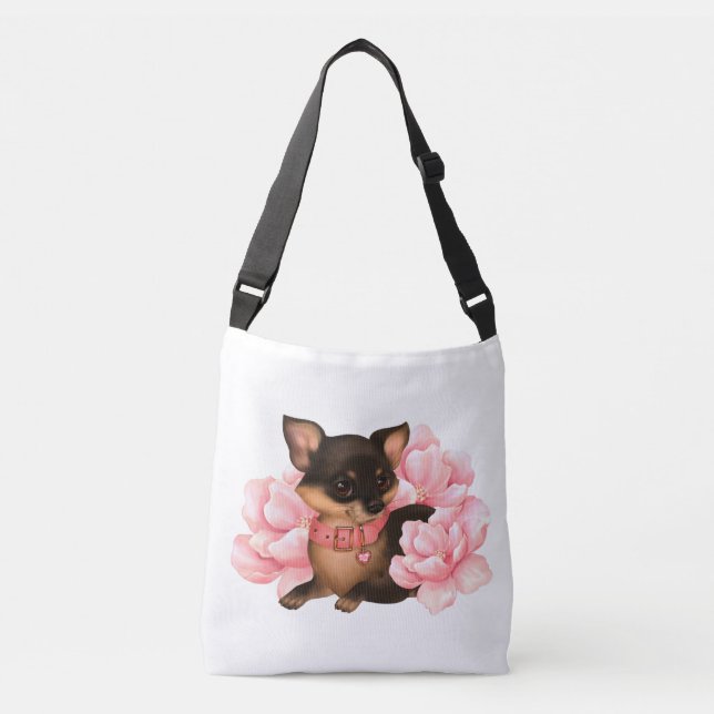 Bolsa Ajustável Cão chihuahua bonito com flores cor-de-rosa (Frente)