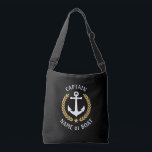 Bolsa Ajustável Capitão Seu Nome De Barco Ancora Dourada Laurel Bl<br><div class="desc">Um saco de tote de corpo cruzado com na moda com Capitão ou outro título, seu nome personalizado, nome do barco ou outro texto desejado. Possui uma âncora náutica personalizada, projetada com folhas de ouro laurel e estrela a preto. Personalize facilmente a cor base para corresponder ao seu decoro ou...</div>