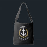 Bolsa Ajustável Capitão Seu Nome De Barco Ancora Dourada Laurel Bl<br><div class="desc">Um saco de tote de corpo cruzado com na moda com Capitão ou outro título, seu nome personalizado, nome do barco ou outro texto desejado. Possui uma âncora náutica personalizada, projetada com folhas de ouro laurel e estrela a preto. Personalize facilmente a cor base para corresponder ao seu decoro ou...</div>
