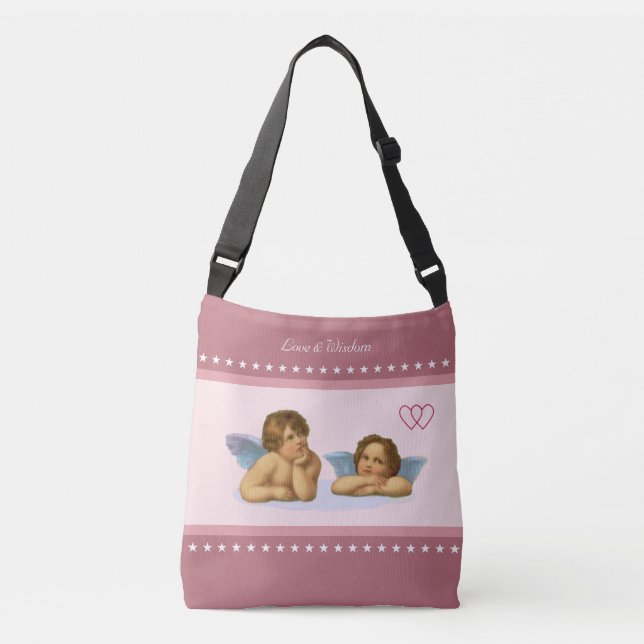 Bolsa Ajustável Cherubs de Casamento, Corações e Estrelas no Rosa  (Frente)
