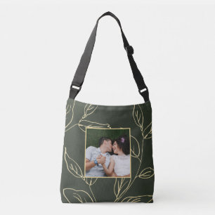Bolsa Ajustável Chic Olive Green com Foto Botânica Dourada Faux