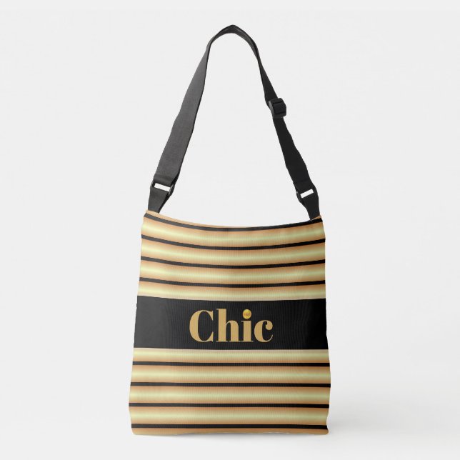 Bolsa Ajustável Cinto Preto Chic em Listras Douradas (Frente)