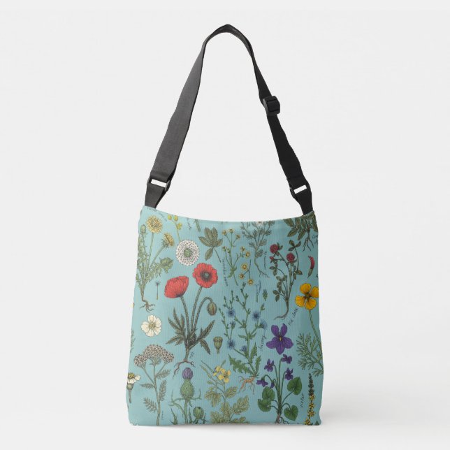 Bolsa Ajustável Colagem de flores silvestres em azul (Frente)