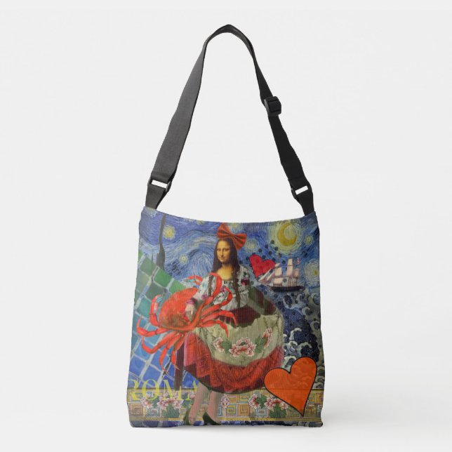 Bolsa Ajustável Colagem Noite Estrelada da Mona Lisa: Surrealismo  (Frente)