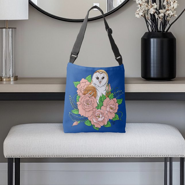 Bolsa Ajustável Coruja-Celeiro Azul Flores Rosa (Criador carregado)