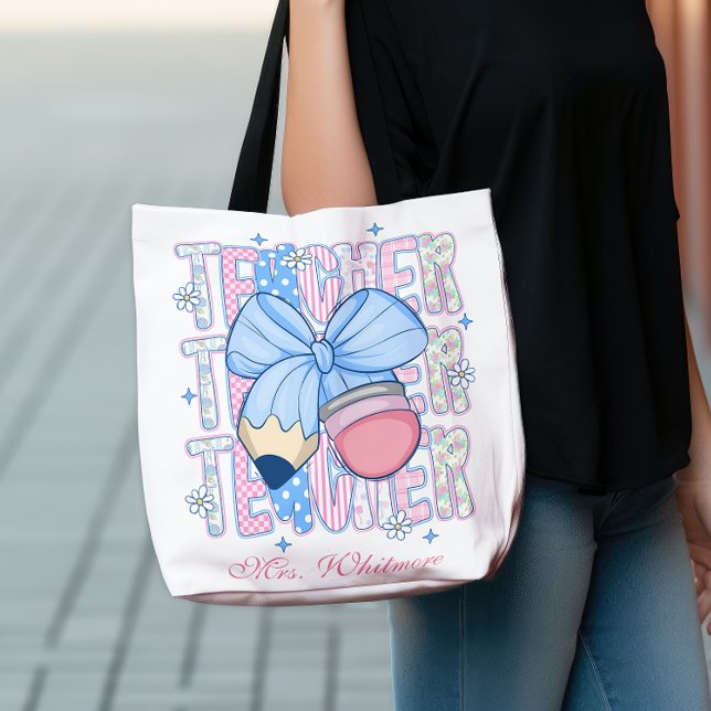 Bolsa Ajustável Custom Gingham Bow Pencil Blush Teacher (Criador carregado)