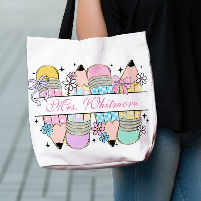Bolsa Ajustável Custom Pastel Pencil Bow Teacher Aesthetic (Criador carregado)