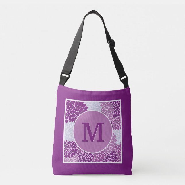 Bolsa Ajustável Dahlia Floral, Monograma Roxo Profundo (Frente)