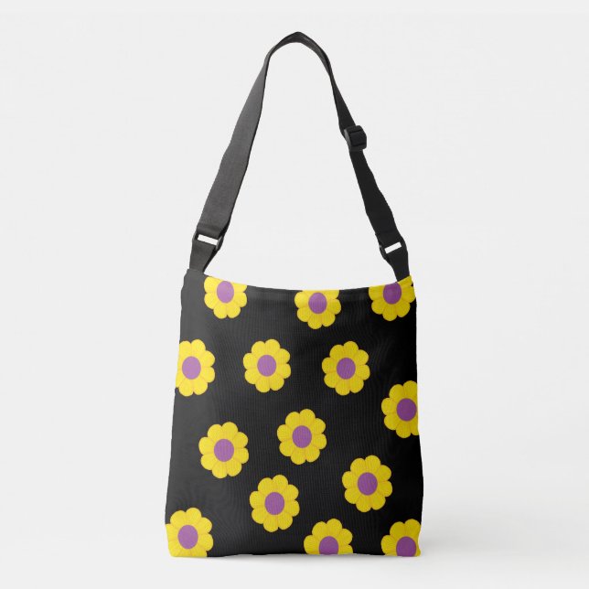 Bolsa Ajustável Daisy Impressão Cross Body Bag Floral Yellow e Bla (Frente)