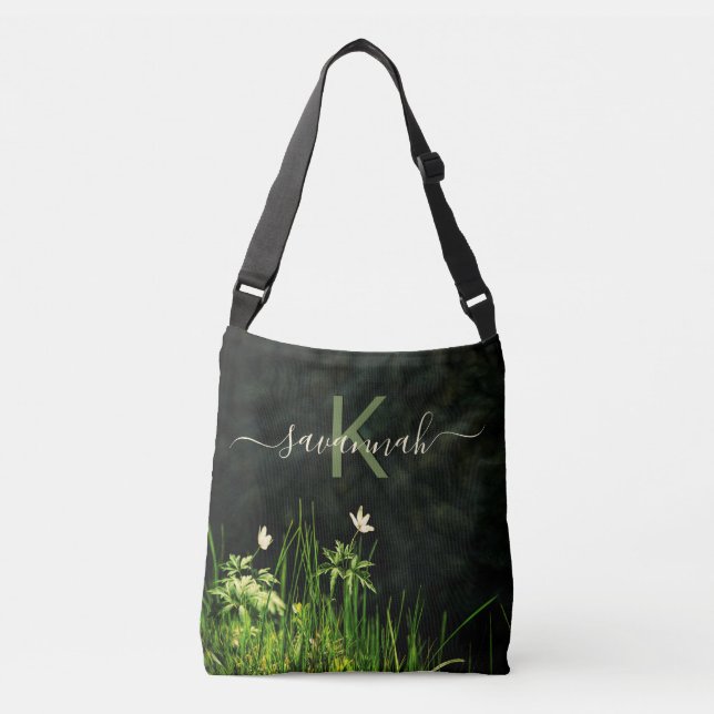 Bolsa Ajustável Denominação do monograma preto de flores selvagens (Frente)