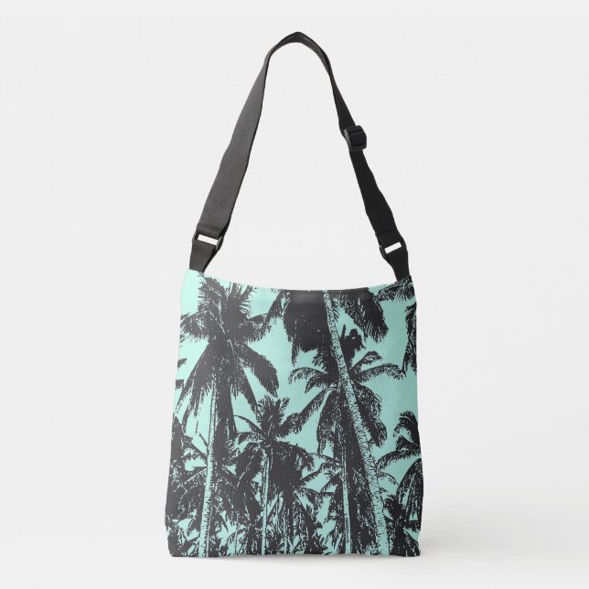 Bolsa Ajustável Design de Palmeiras Tropicais em Preto e Azul (Frente)
