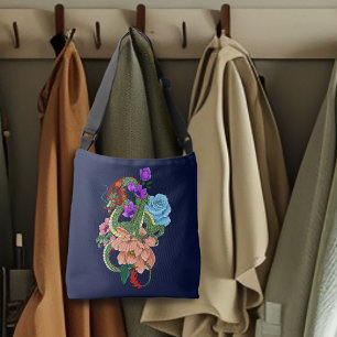 Bolsa Ajustável Dragão Chinês Verde Místico Floral Azul Marinho