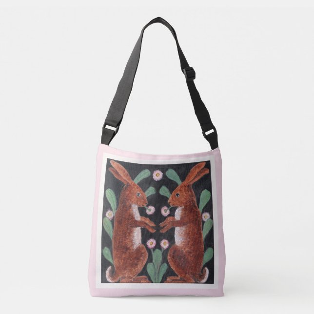 Bolsa Ajustável Duas Lebres da Arte Popular num Jardim (Frente)