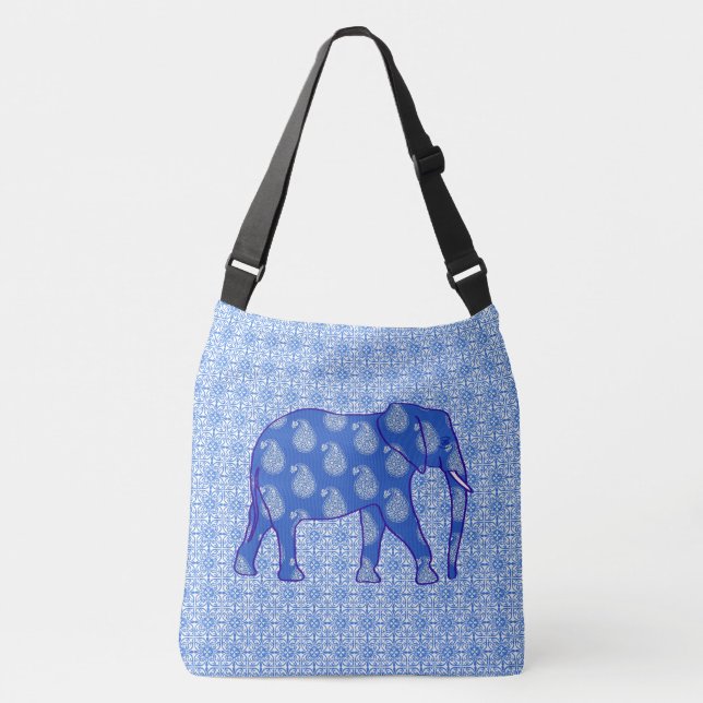 Bolsa Ajustável Elefante de Paisley - azul de cobalto e branco (Frente)