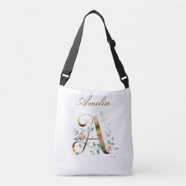 Bolsa Ajustável Elegant Gold Floral Letter A Crossbody Bag