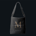 Bolsa Ajustável Elegante Black Dourado Monograma Girly Script Name<br><div class="desc">Monograma Dourado Moderno Nome do Script Elegante do Monograma Preto Cruzado Bag</div>