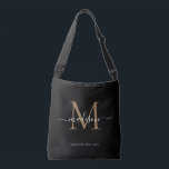 Bolsa Ajustável Elegante Black Dourado Monograma Girly Script Name<br><div class="desc">Monograma Dourado Moderno Nome do Script Elegante do Monograma Preto Cruzado Bag</div>
