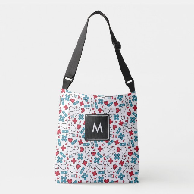 Bolsa Ajustável Enfermeira de Padrão Médico Azul Vermelho Monogram (Frente)