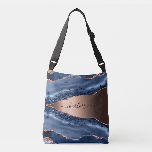 Bolsa Ajustável Escrito com rosa dourado de mármore azul (Frente)