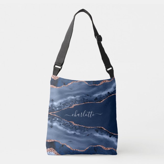 Bolsa Ajustável Escrito com rosa dourado de mármore azul (Frente)