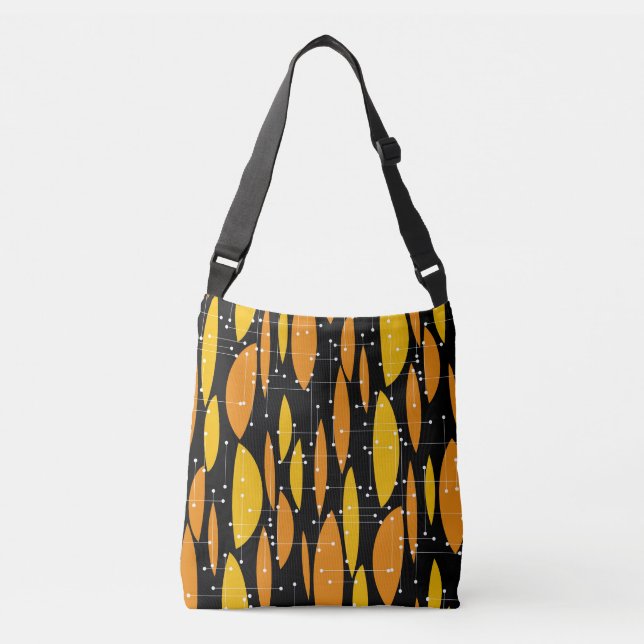 Bolsa Ajustável Estilo atômico, padrão geométrico laranja preto. (Frente)