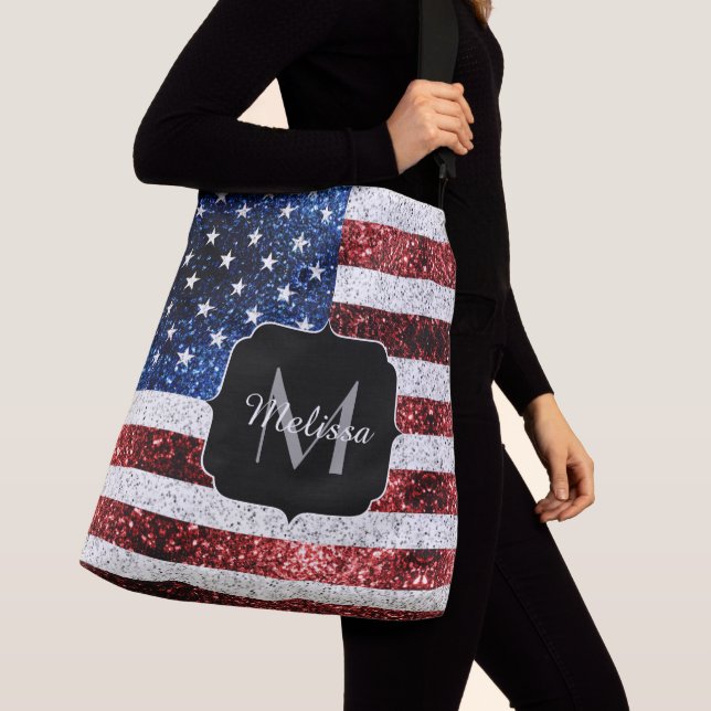 Bolsa Ajustável EUA bandeira vermelho azul brilha brilho monograma (Close Up)