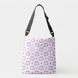 Bolsa Ajustável faces de gato e corações com padrão kawaii em bran