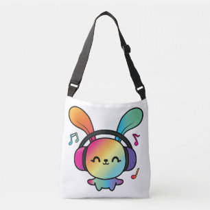Bolsa Ajustável Feliz Bunny com fones de ouvido ouvindo música.