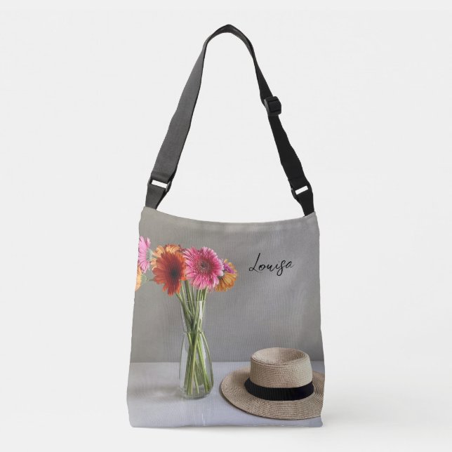 Bolsa Ajustável Feliz Gerbera Colorida Flor +Nome Personalizado (Frente)