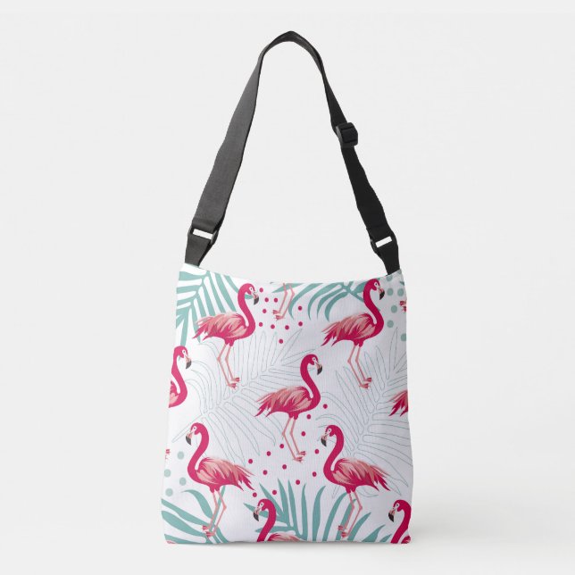 Bolsa Ajustável Flamingo tropical e folhas, padrão de verão. (Frente)