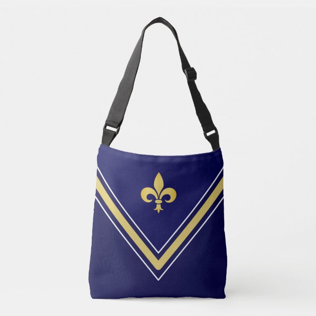 Bolsa Ajustável Fleur de Lis Dourada em Azul Marinho e Branco (Frente)