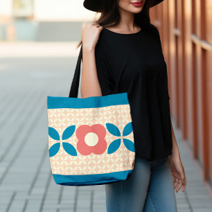 Bolsa Ajustável Flor Retro, Coral Padrão Geo, Azul, Pêssego