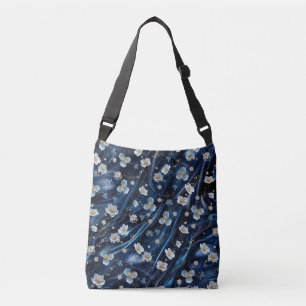 Bolsa Ajustável Flores brancas e Douradas de abstrato na Seda Azul