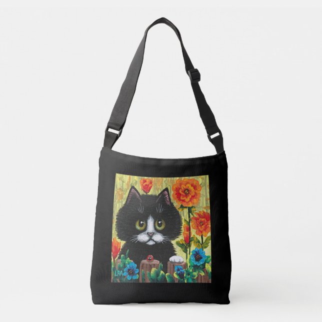 Bolsa Ajustável Flores de Gatos Pretos e Brancos (Frente)