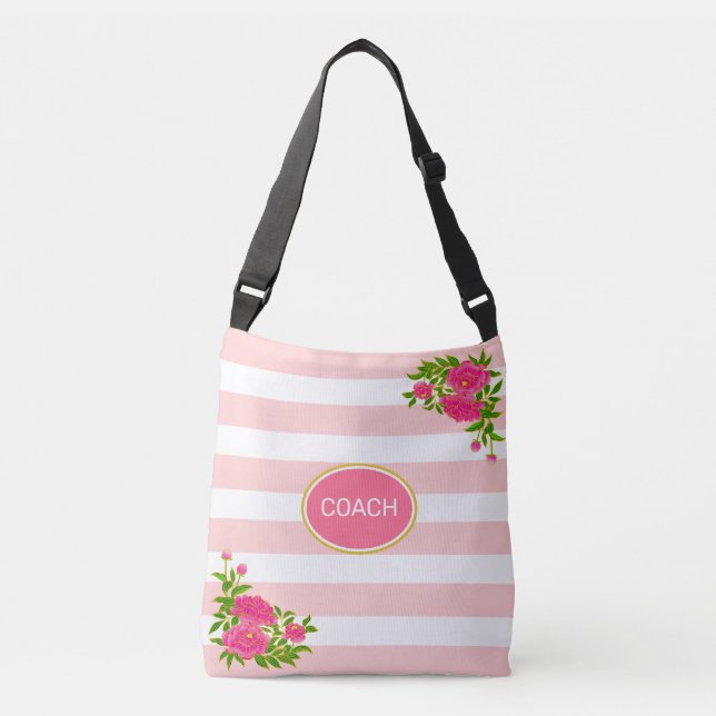 Bolsa Ajustável Flores de peônia em listras rosa e branco (Frente)