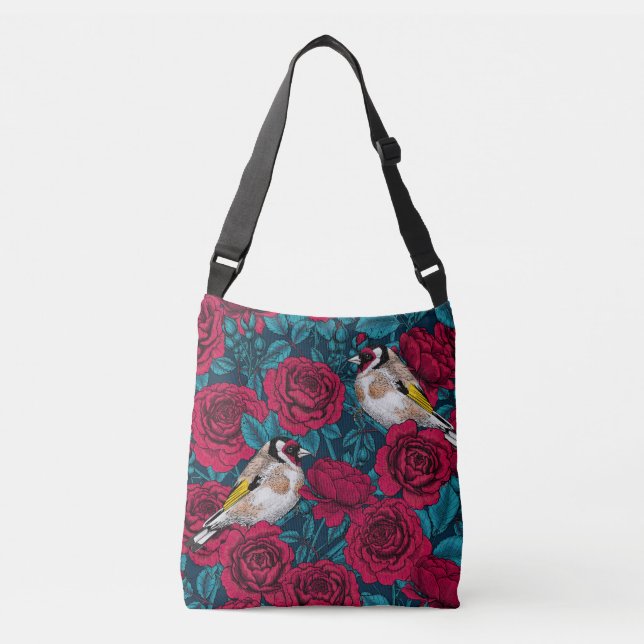 Bolsa Ajustável Flores de rosa vermelha e aves-pintadas (Frente)