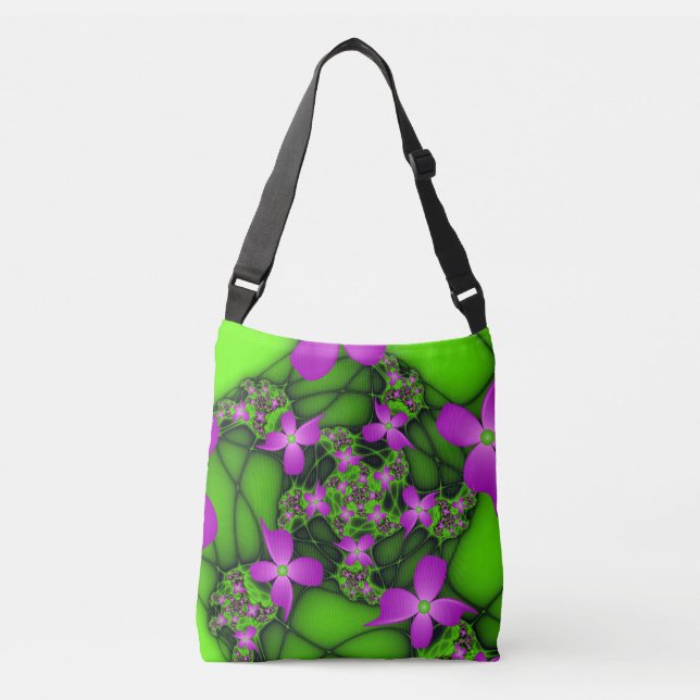Bolsa Ajustável Flores Fractais Verdes Rosa-Rosa-Abstrato modernas (Frente)